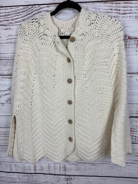Vtg Cream Chunky Crochet Hand Knit ButtonUp Sweater Cape Cottage Granny Womens L